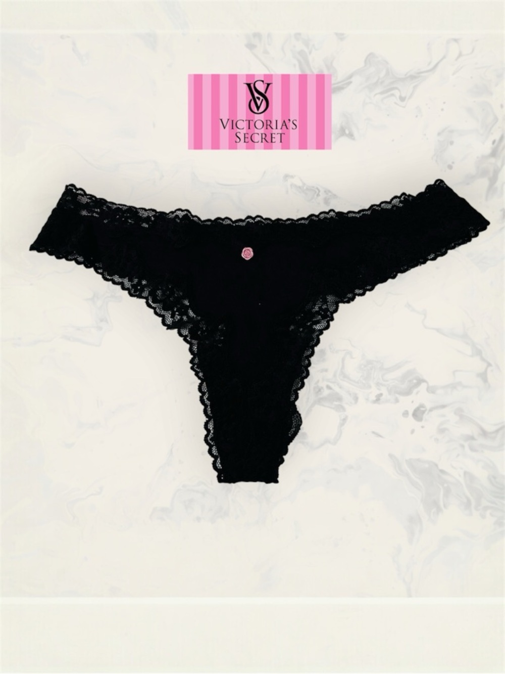 Victoria's Secret Size M Black Lace Thong with Scalloped Trim